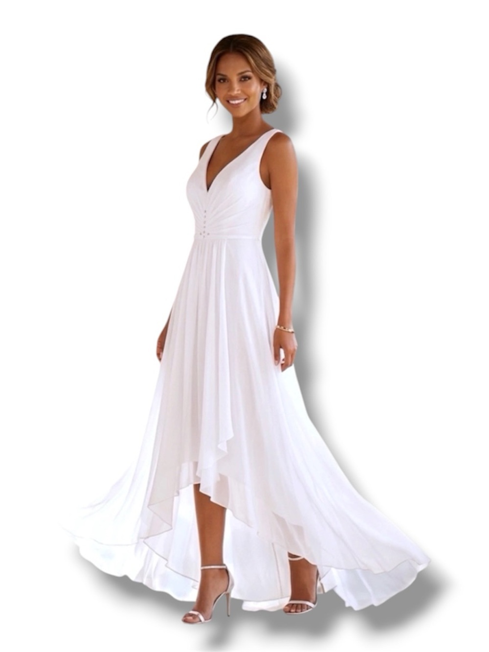 Ever-Pretty | White Pleated V-Neck High-Low Bridal Gown | Size 12